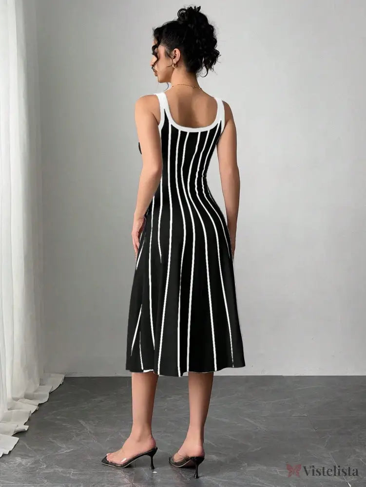 Vestido Midi Justo Listrado Com Decote Quadrado Vestido Midi Justo Listrado Com Decote Quadrado