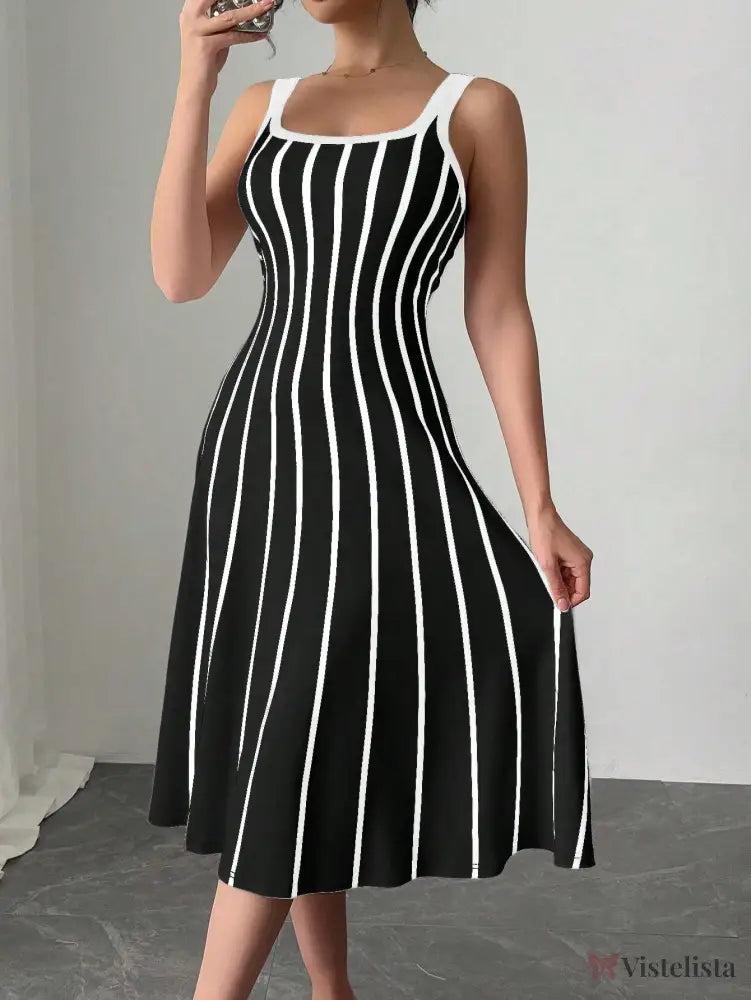 Vestido Midi Justo Listrado Com Decote Quadrado Vestido Midi Justo Listrado Com Decote Quadrado
