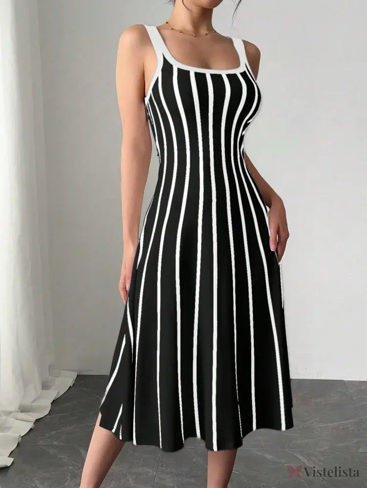 Vestido Midi Justo Listrado Com Decote Quadrado Vestido Midi Justo Listrado Com Decote Quadrado