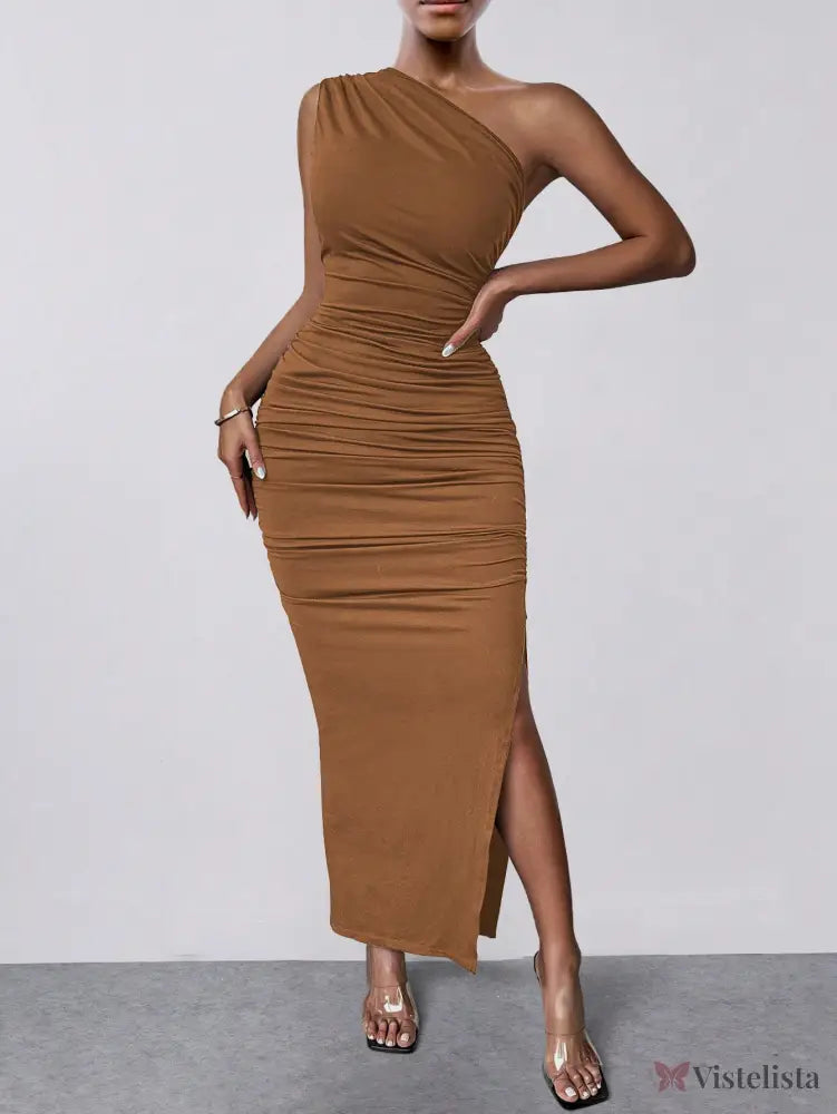 Vestido Midi Justo Um Ombro Só Com Drapeado Sofisticado Cáqui / PP Vestido Midi Elegante Assimétrico Manga Longa E