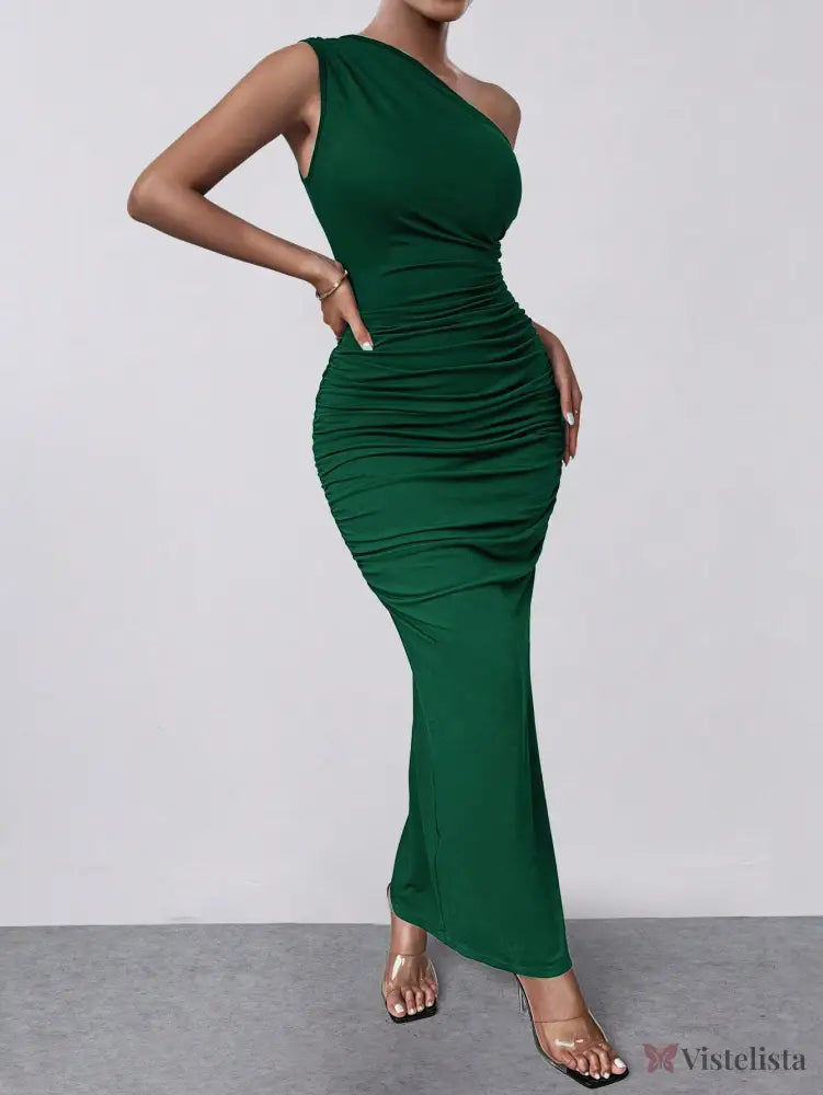 Vestido Midi Justo Um Ombro Só Com Drapeado Sofisticado Vestido Midi Elegante Assimétrico Manga Longa E Drapeado
