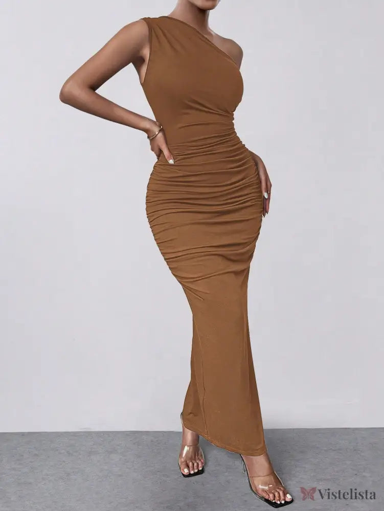 Vestido Midi Justo Um Ombro Só Com Drapeado Sofisticado Vestido Midi Elegante Assimétrico Manga Longa E Drapeado