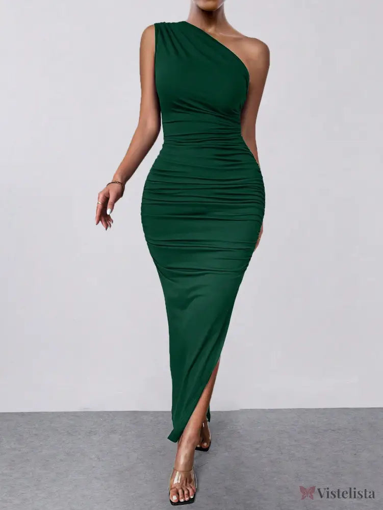 Vestido Midi Justo Um Ombro Só Com Drapeado Sofisticado Vestido Midi Elegante Assimétrico Manga Longa E Drapeado