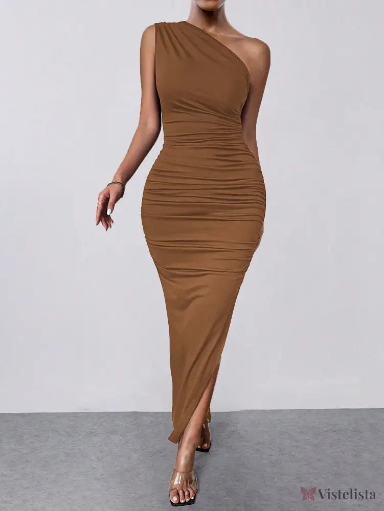 Vestido Midi Justo Um Ombro Só Com Drapeado Sofisticado Vestido Midi Elegante Assimétrico Manga Longa E Drapeado