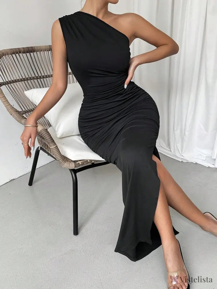 Vestido Midi Justo Um Ombro Só Com Drapeado Sofisticado Preto / PP Vestido Midi Elegante Assimétrico Manga Longa E
