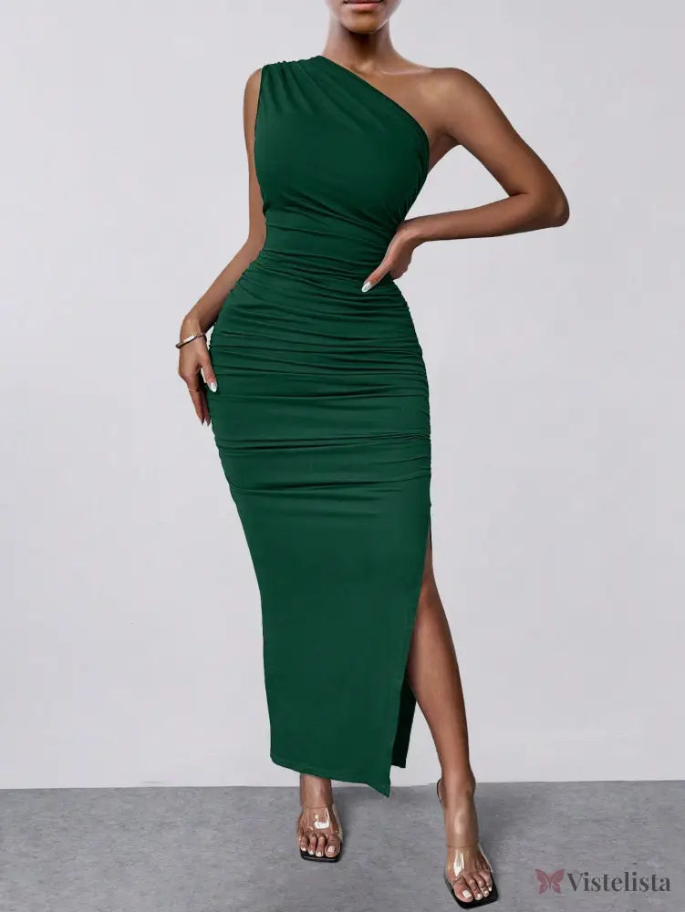 Vestido Midi Justo Um Ombro Só Com Drapeado Sofisticado Verde Escuro / PP Vestido Midi Elegante Assimétrico Manga Longa