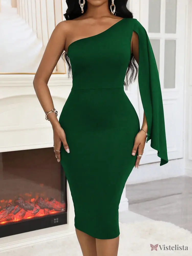 Vestido Midi Justo Um Ombro Só Com Manga Capa Elegante Vestido Midi Justo Um Ombro Só Com Manga Capa Elegante