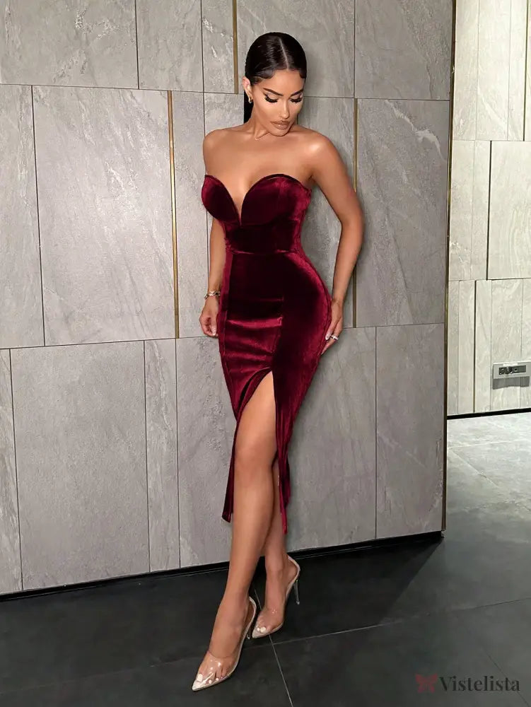 Vestido Midi Justo Veludo Tomara Que Caia Com Fenda Vestido Midi Justo Veludo Tomara Que Caia Com Fenda