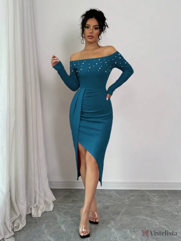 Vestido Midi Ombro A Ombro Com Pérolas E Fenda Elegante Vestido Midi Ombro A Ombro Com Pérolas E Fenda Elegante