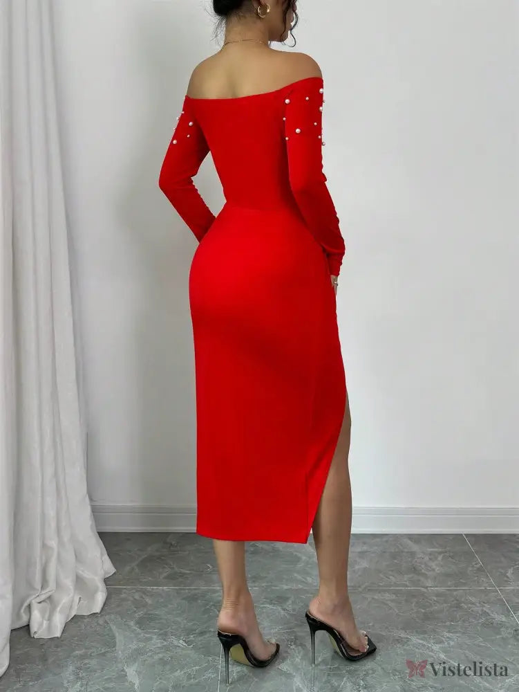 Vestido Midi Ombro A Ombro Com Pérolas E Fenda Elegante Vestido Midi Ombro A Ombro Com Pérolas E Fenda Elegante