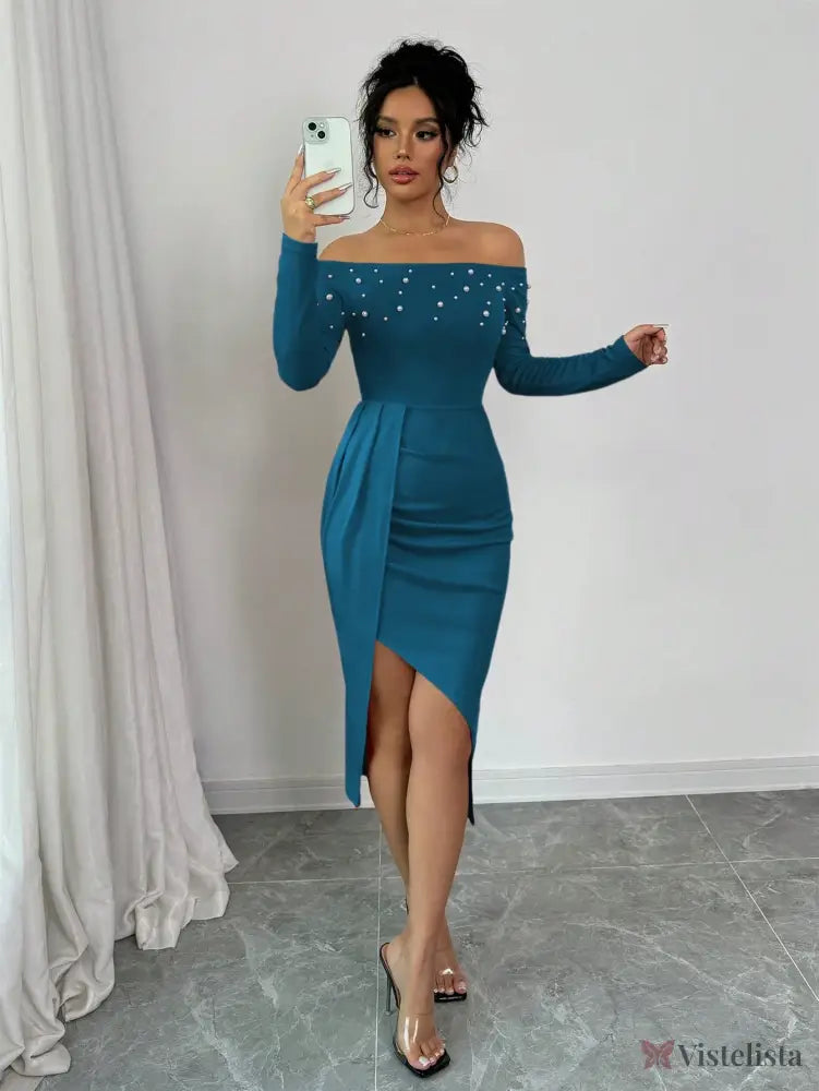 Vestido Midi Ombro A Ombro Com Pérolas E Fenda Elegante Vestido Midi Ombro A Ombro Com Pérolas E Fenda Elegante