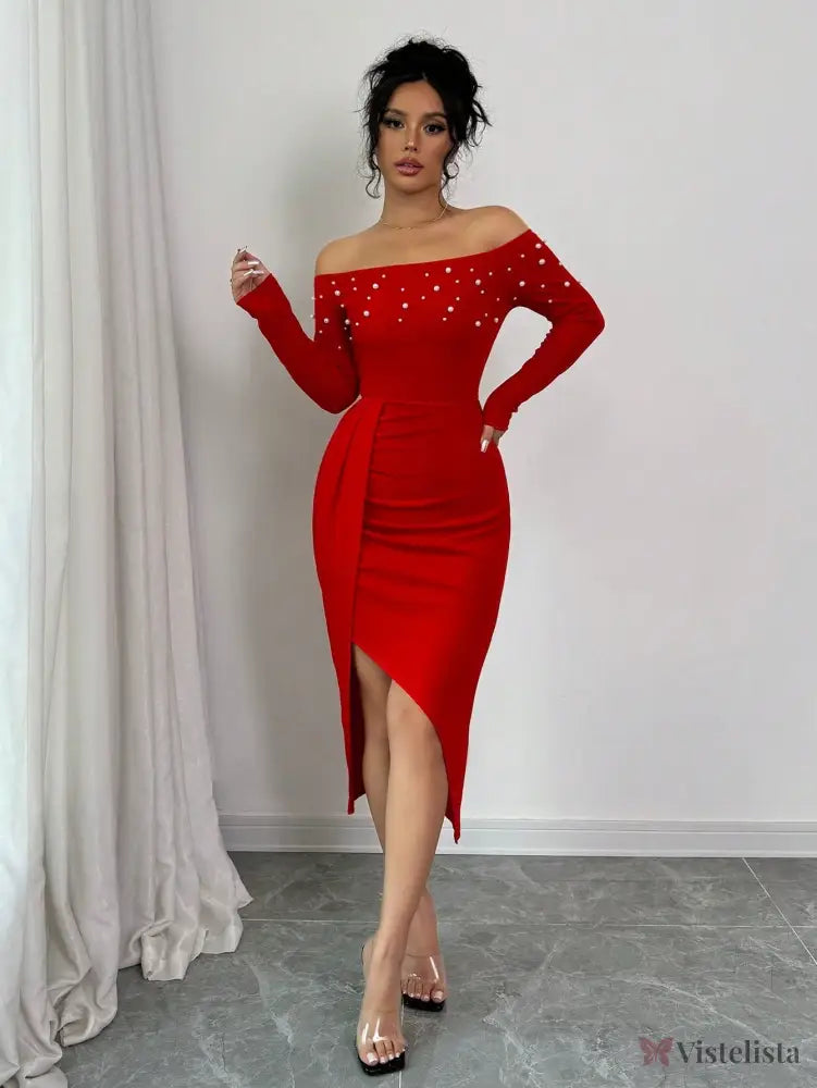 Vestido Midi Ombro A Ombro Com Pérolas E Fenda Elegante Vestido Midi Ombro A Ombro Com Pérolas E Fenda Elegante
