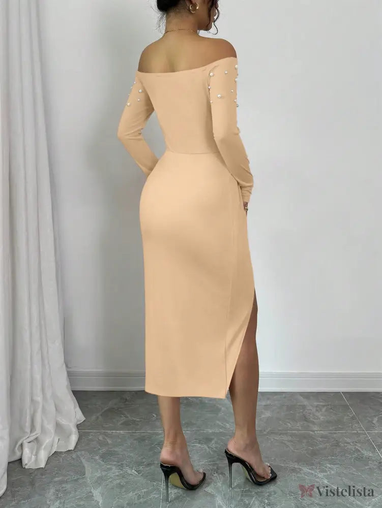 Vestido Midi Ombro A Ombro Com Pérolas E Fenda Elegante Vestido Midi Ombro A Ombro Com Pérolas E Fenda Elegante