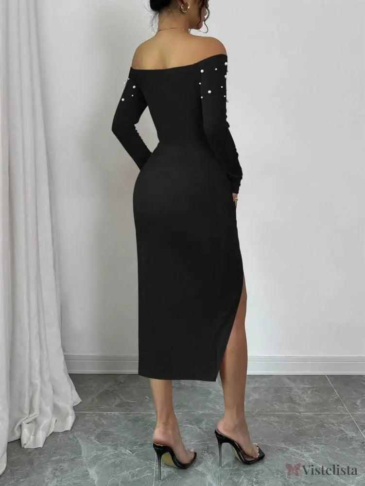 Vestido Midi Ombro A Ombro Com Pérolas E Fenda Elegante Vestido Midi Ombro A Ombro Com Pérolas E Fenda Elegante