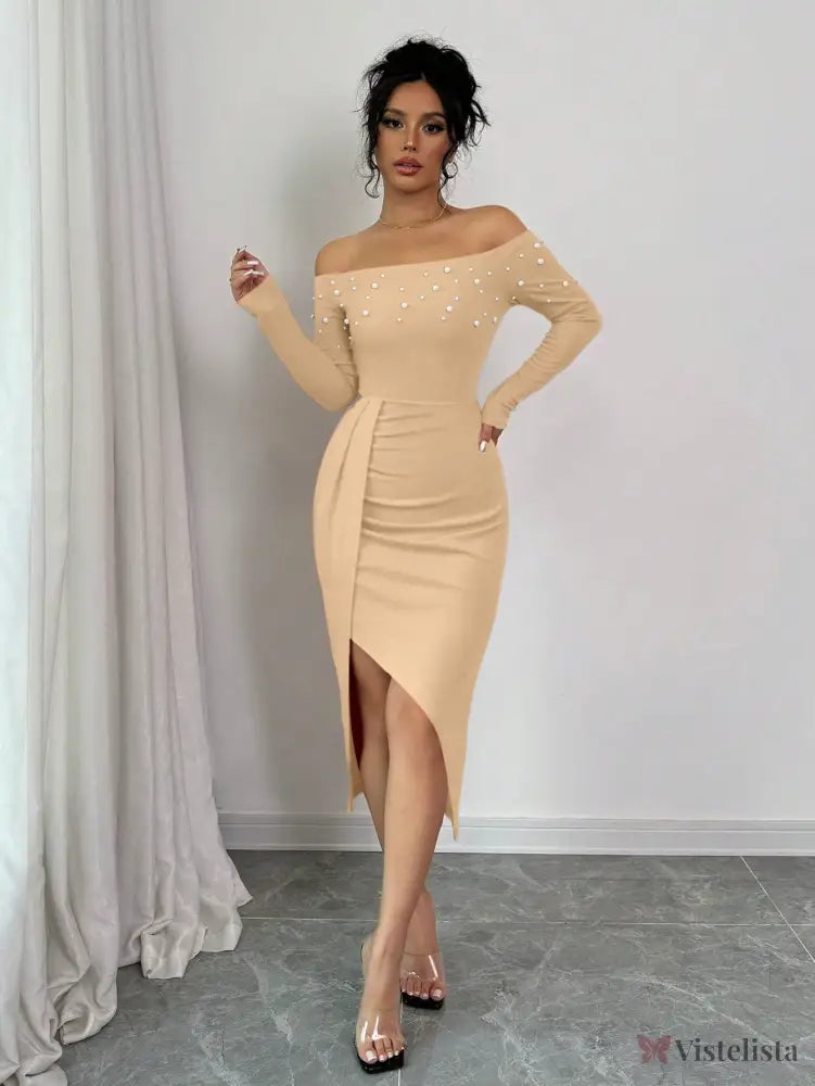 Vestido Midi Ombro A Ombro Com Pérolas E Fenda Elegante Vestido Midi Ombro A Ombro Com Pérolas E Fenda Elegante
