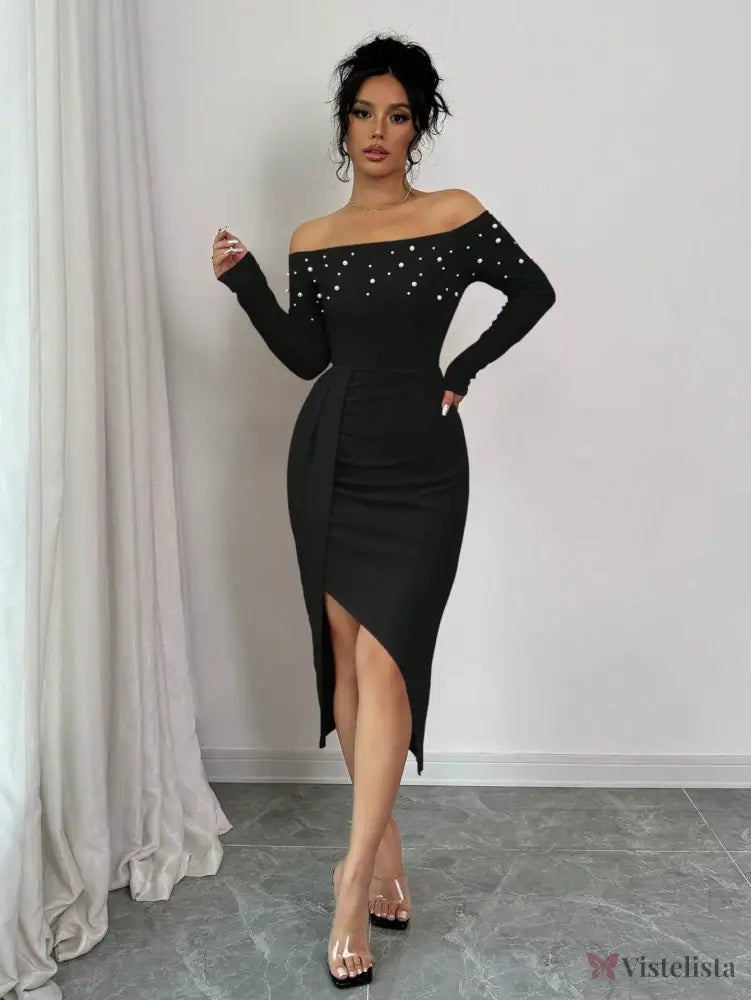 Vestido Midi Ombro A Ombro Com Pérolas E Fenda Elegante Vestido Midi Ombro A Ombro Com Pérolas E Fenda Elegante