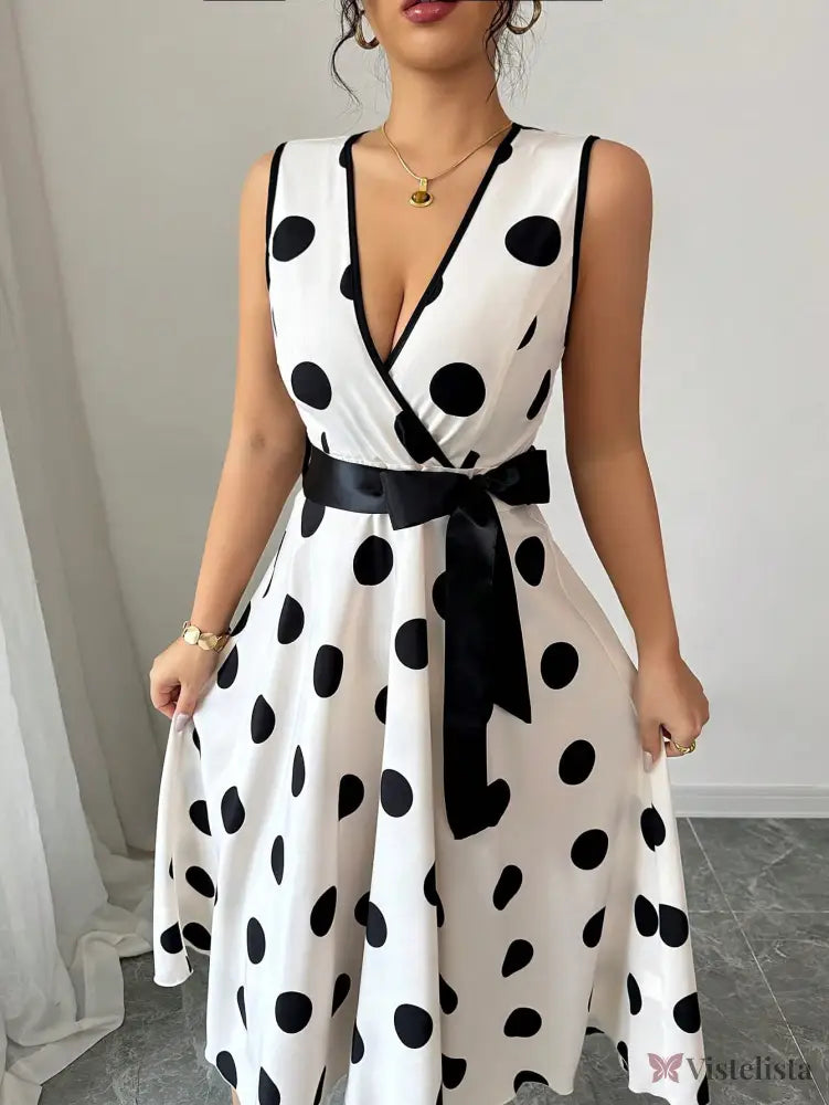 Vestido Midi Poá Decote V Com Cinto De Amarração Vestido Midi Poá Decote V Com Cinto De Amarração