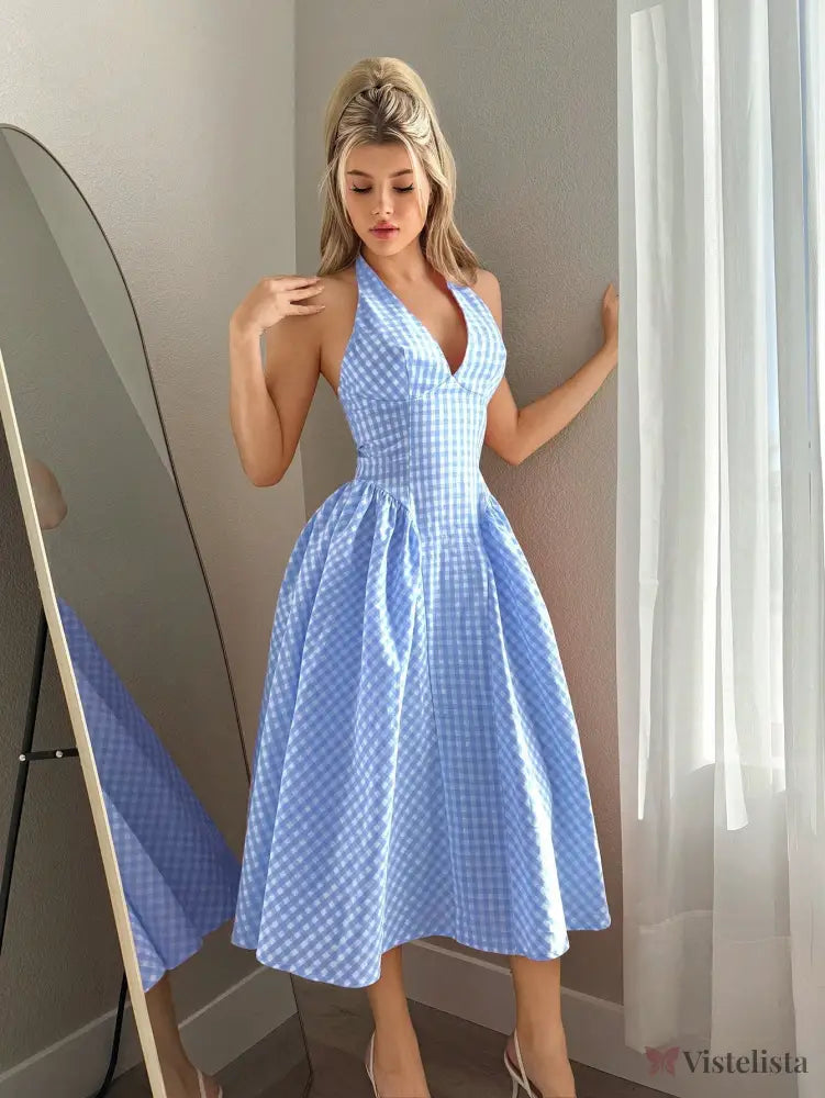 Vestido Midi Rodado Com Decote Halter E Estampa Vichy Vestido Midi Rodado Com Decote Halter E Estampa Vichy