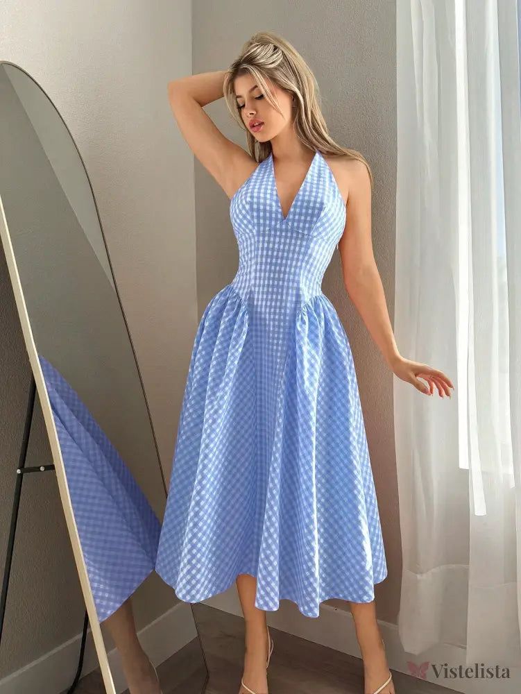 Vestido Midi Rodado Com Decote Halter E Estampa Vichy Vestido Midi Rodado Com Decote Halter E Estampa Vichy