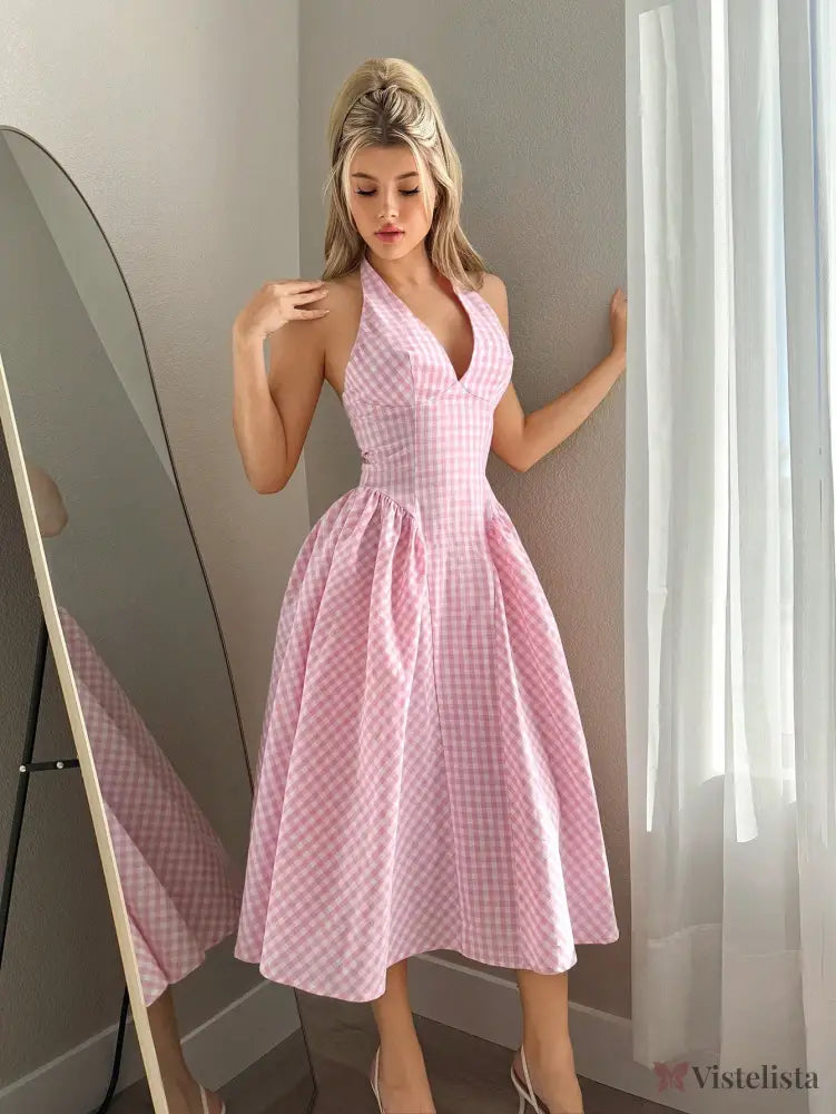 Vestido Midi Rodado Com Decote Halter E Estampa Vichy Vestido Midi Rodado Com Decote Halter E Estampa Vichy