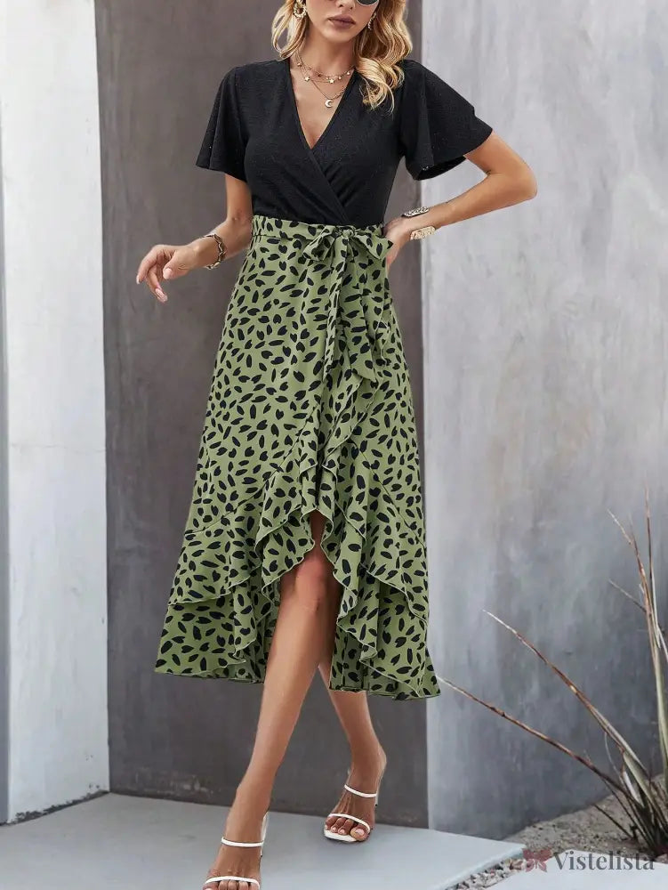 Vestido Midi Transpassado Com Saia Estampada Vestido Midi Transpassado Com Saia Estampada