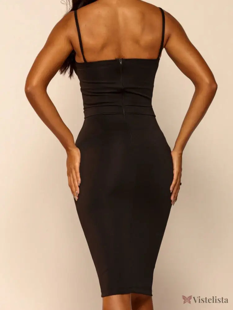 Vestido Midi Tubinho Justo Alças Finas Com Bojo Estruturado Vestido Curto Justo Gola Alta Com Fenda Lateral