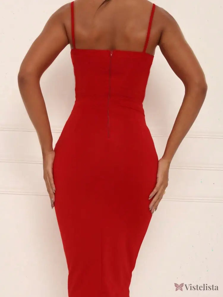 Vestido Midi Tubinho Justo Alças Finas Com Bojo Estruturado Vestido Curto Justo Gola Alta Com Fenda Lateral