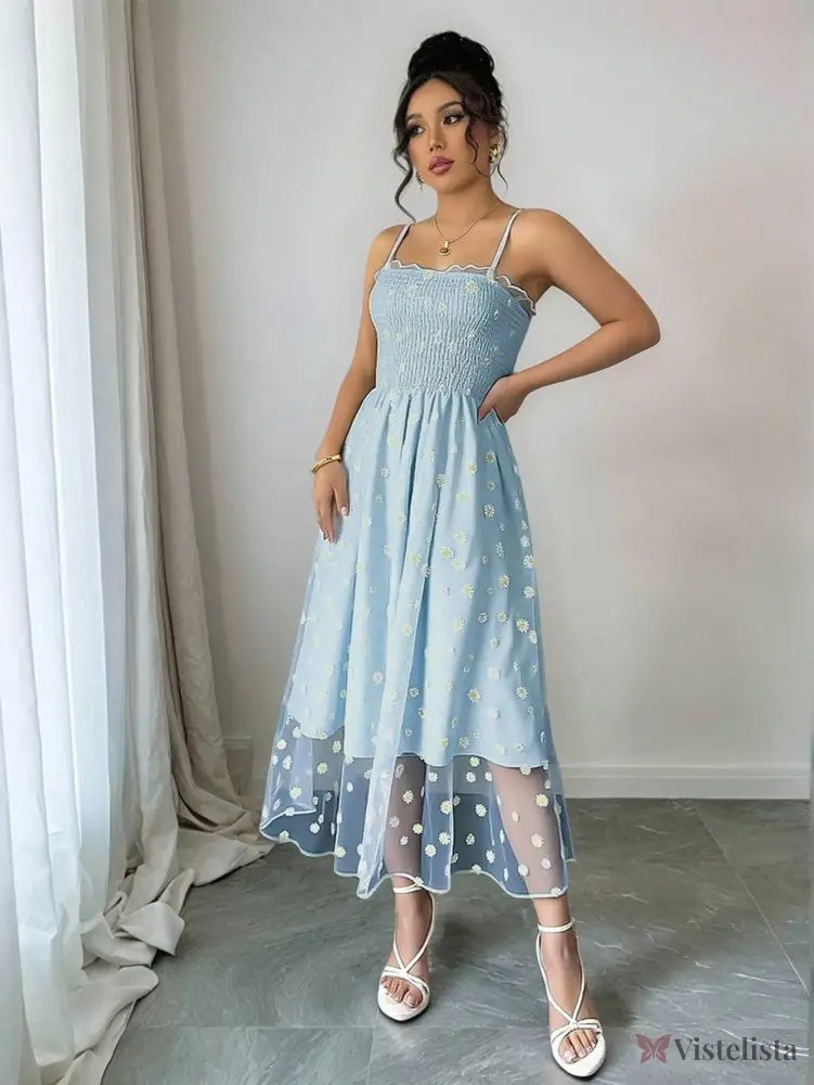 Vestido Midi Tule Bordado Com Estampa De Margaridas Vestido Midi Tule Bordado Com Estampa De Margaridas
