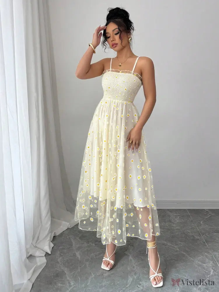 Vestido Midi Tule Bordado Com Estampa De Margaridas Vestido Midi Tule Bordado Com Estampa De Margaridas