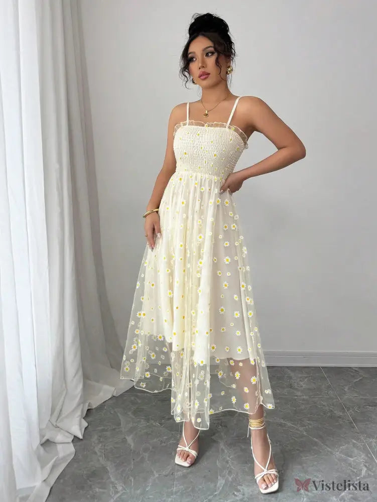 Vestido Midi Tule Bordado Com Estampa De Margaridas Vestido Midi Tule Bordado Com Estampa De Margaridas