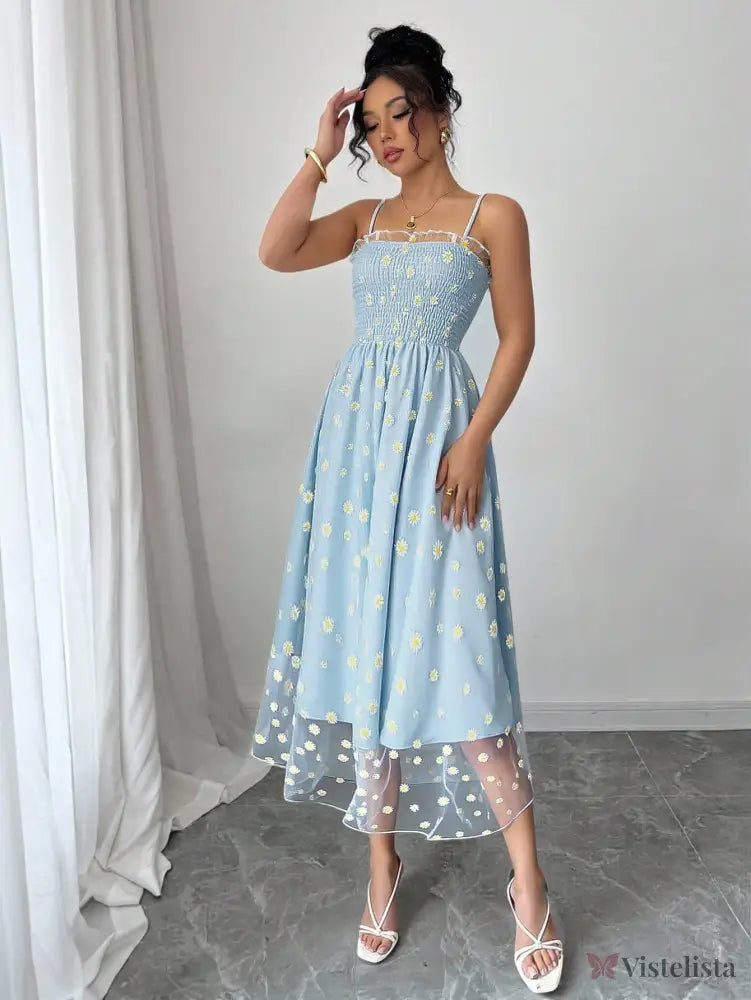 Vestido Midi Tule Bordado Com Estampa De Margaridas Vestido Midi Tule Bordado Com Estampa De Margaridas
