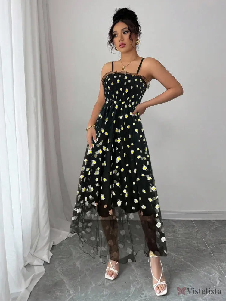 Vestido Midi Tule Bordado Com Estampa De Margaridas Vestido Midi Tule Bordado Com Estampa De Margaridas