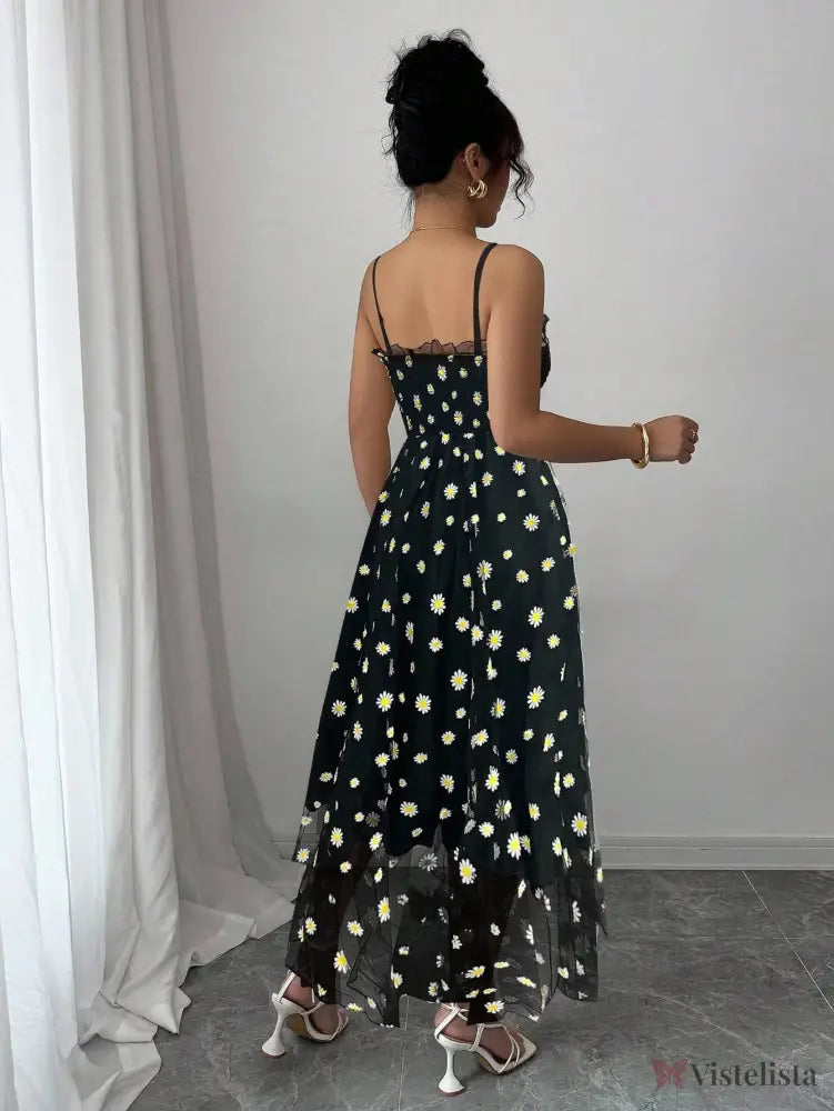 Vestido Midi Tule Bordado Com Estampa De Margaridas Vestido Midi Tule Bordado Com Estampa De Margaridas