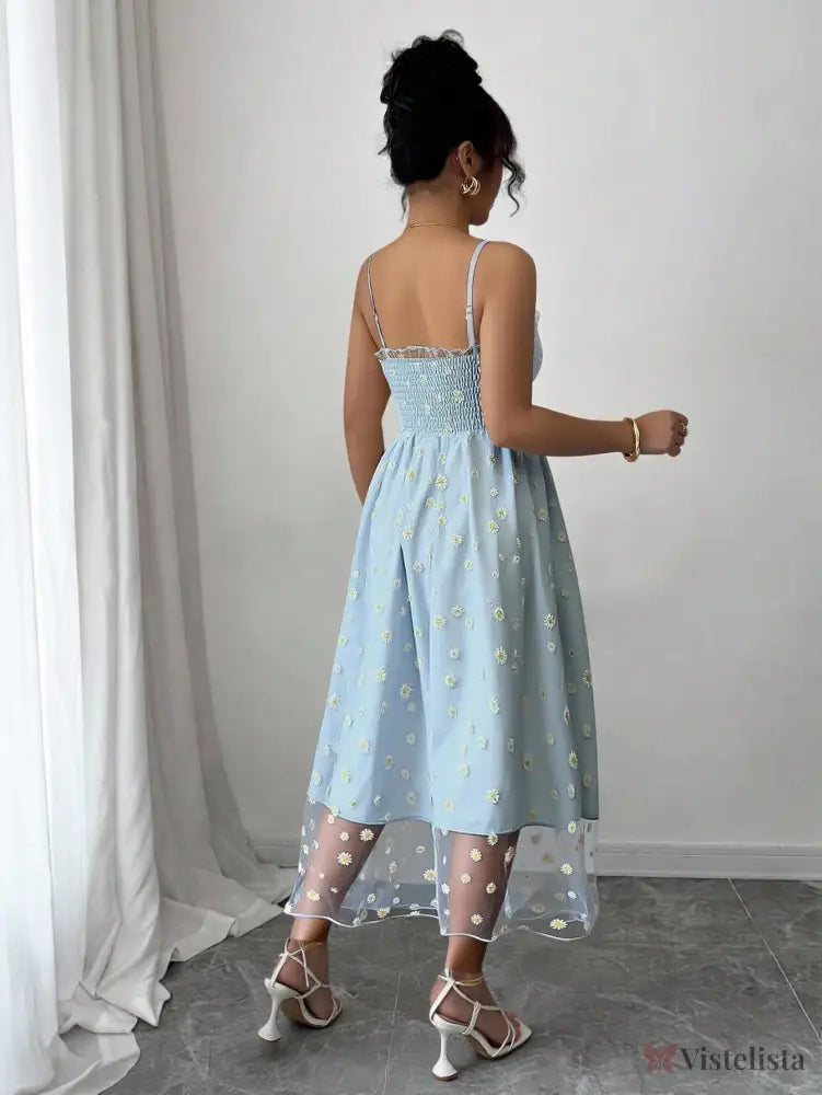 Vestido Midi Tule Bordado Com Estampa De Margaridas Vestido Midi Tule Bordado Com Estampa De Margaridas