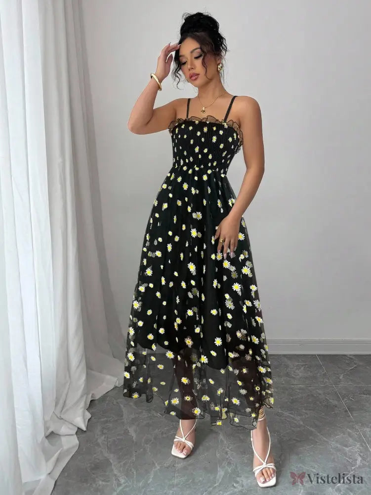Vestido Midi Tule Bordado Com Estampa De Margaridas Vestido Midi Tule Bordado Com Estampa De Margaridas
