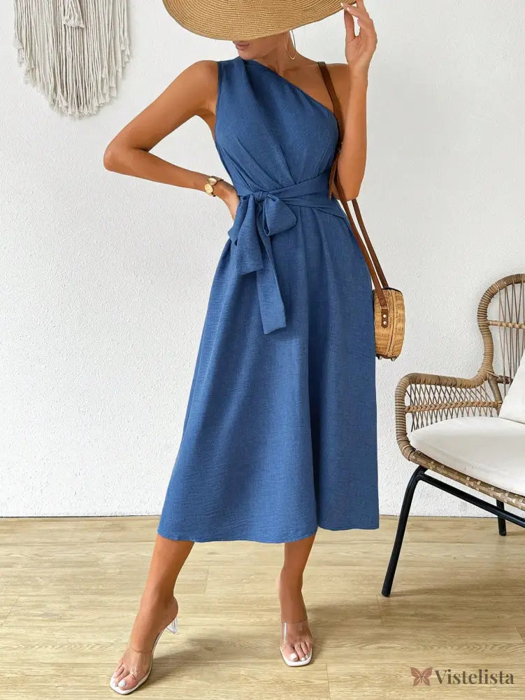 Vestido Midi Um Ombro Só Com Amarração Na Cintura Vestido Midi Um Ombro Só Com Amarração Na Cintura