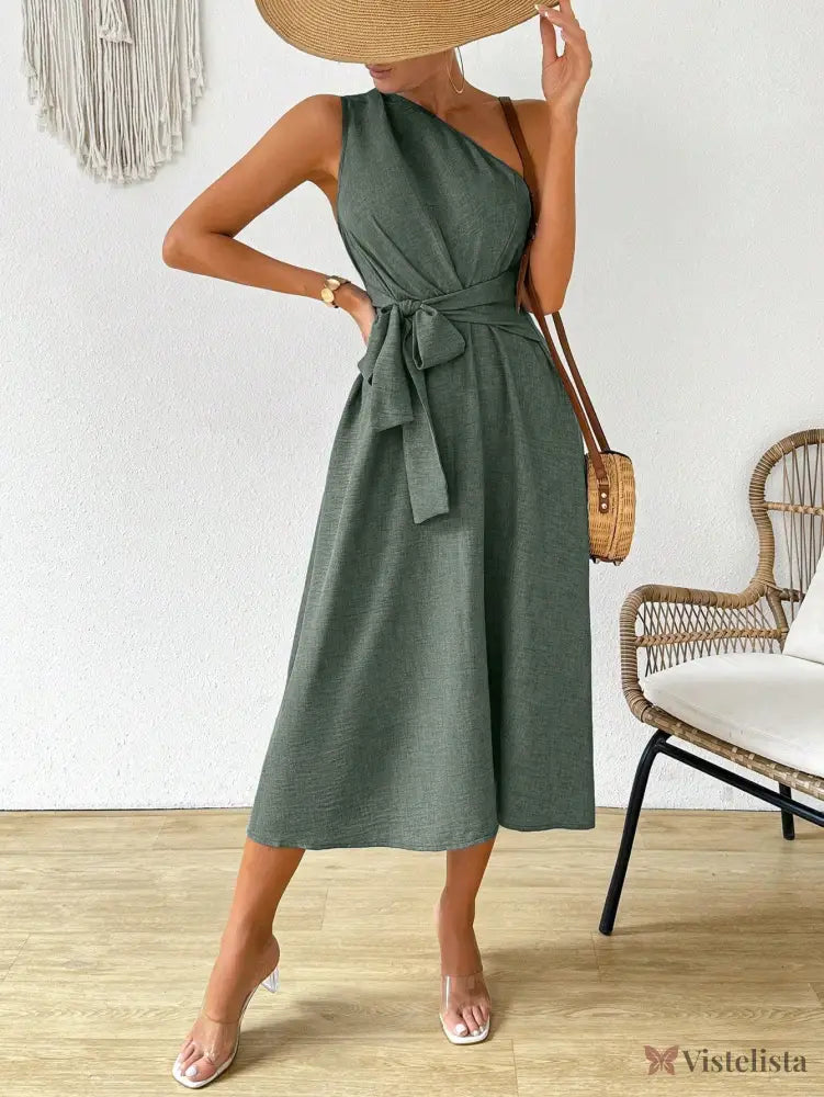 Vestido Midi Um Ombro Só Com Amarração Na Cintura Vestido Midi Um Ombro Só Com Amarração Na Cintura