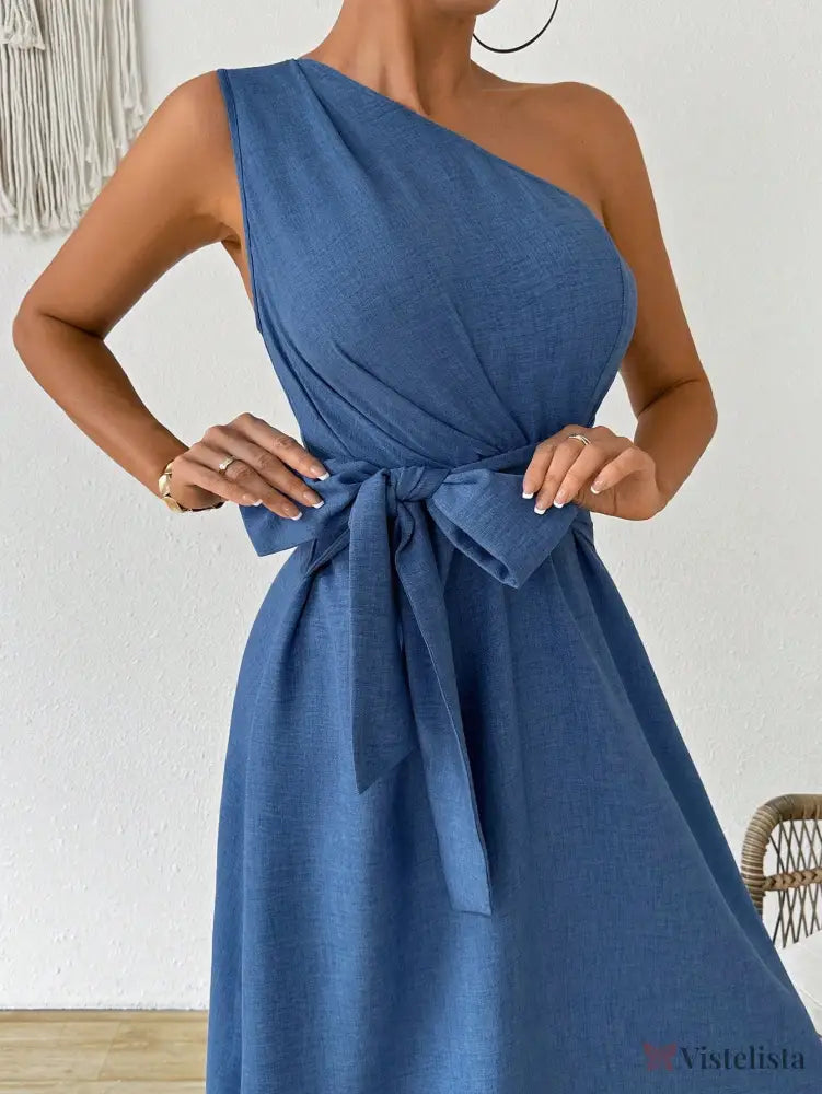Vestido Midi Um Ombro Só Com Amarração Na Cintura Vestido Midi Um Ombro Só Com Amarração Na Cintura
