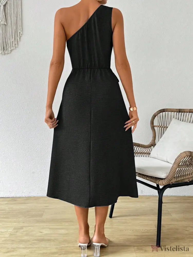 Vestido Midi Um Ombro Só Com Amarração Na Cintura Vestido Midi Um Ombro Só Com Amarração Na Cintura