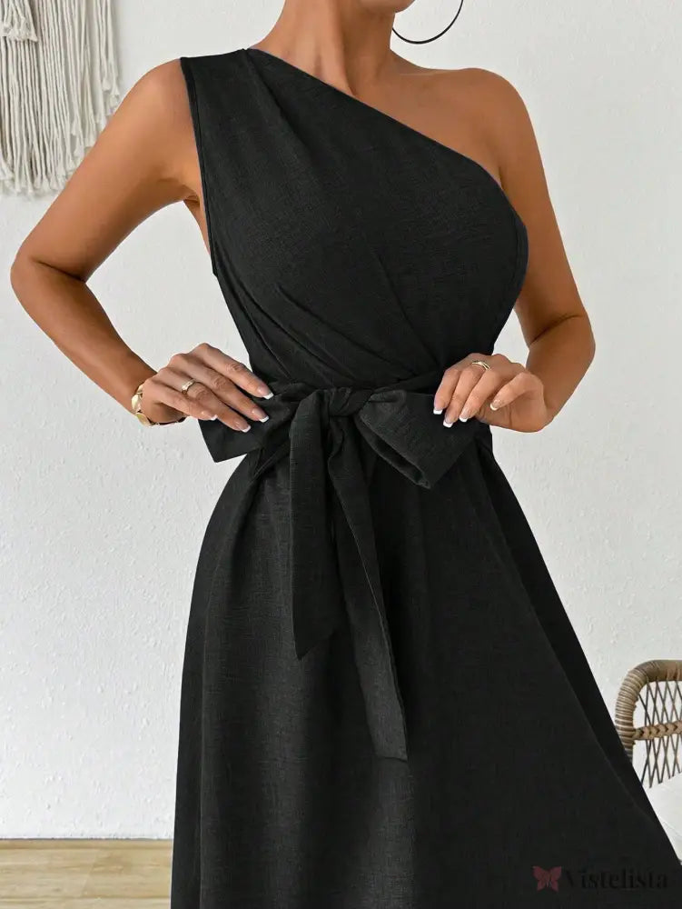 Vestido Midi Um Ombro Só Com Amarração Na Cintura Vestido Midi Um Ombro Só Com Amarração Na Cintura