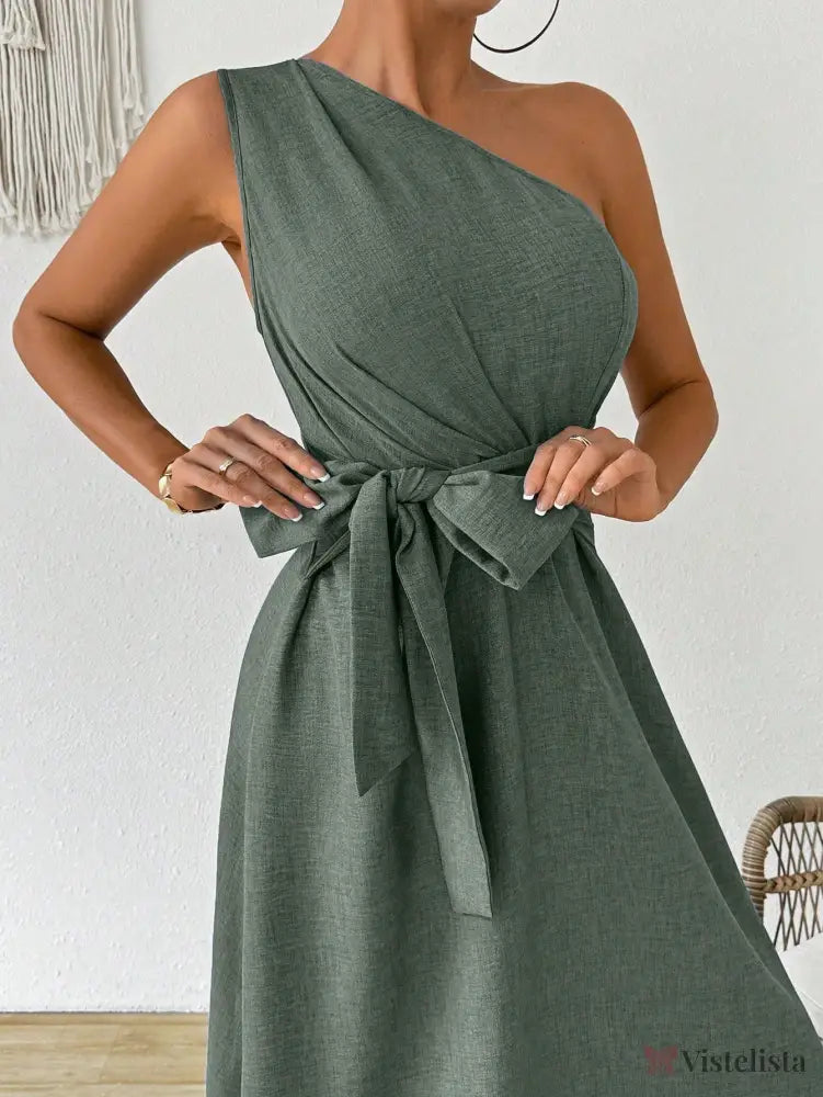 Vestido Midi Um Ombro Só Com Amarração Na Cintura Vestido Midi Um Ombro Só Com Amarração Na Cintura