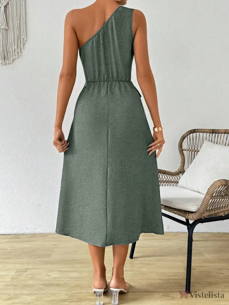 Vestido Midi Um Ombro Só Com Amarração Na Cintura Vestido Midi Um Ombro Só Com Amarração Na Cintura