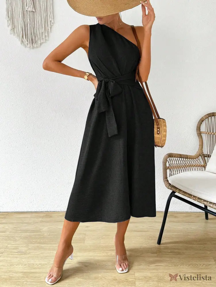 Vestido Midi Um Ombro Só Com Amarração Na Cintura Vestido Midi Um Ombro Só Com Amarração Na Cintura