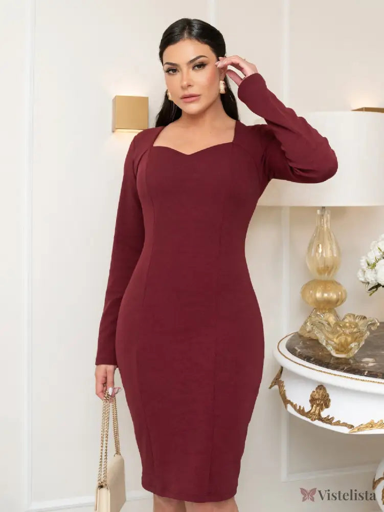 Vestido Tubinho Midi Social Manga Longa Decote Coração Vestido Tubinho Midi Social Manga Longa Decote Coração