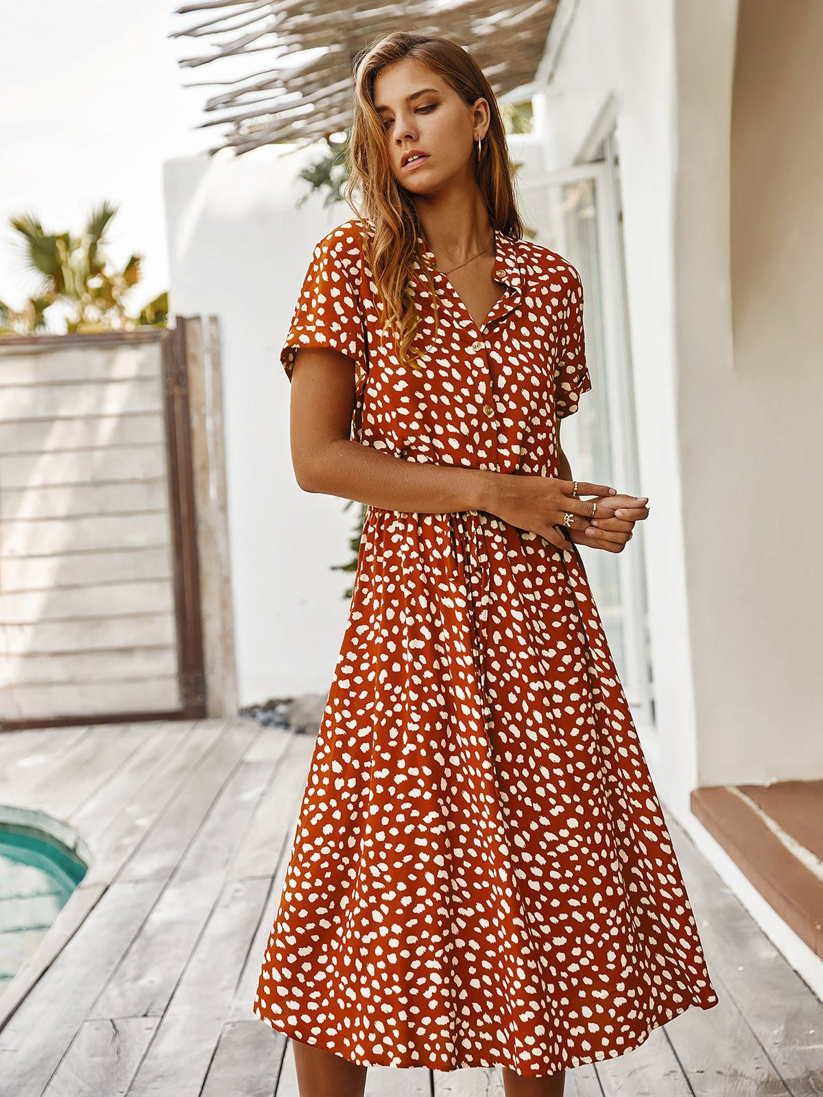 Vestido Midi Chemise Feminino Com Manga Curta