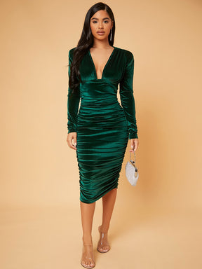 Vestido Midi Festa Elegante Em Veludo Com Drapeado