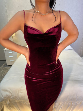Vestido Midi Festa Elegante Em Veludo Com Brilho