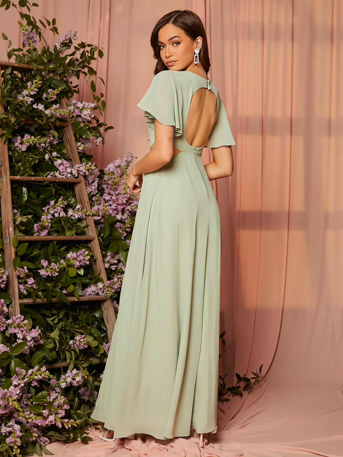 Vestido Longo Elegante Manga Curta Com Fenda Lateral