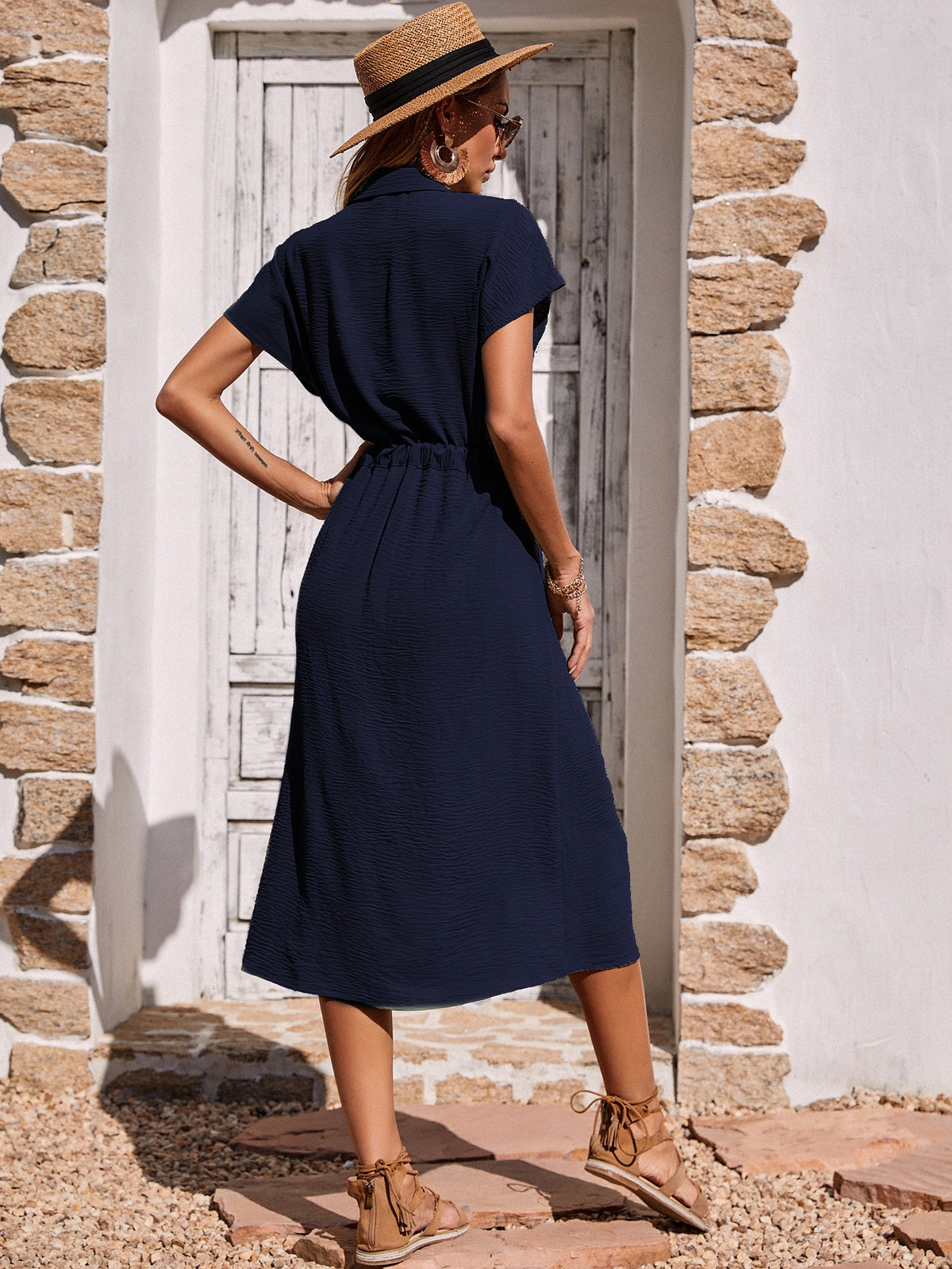 Vestido Midi Camisa Casual Com Cinto Ajustável