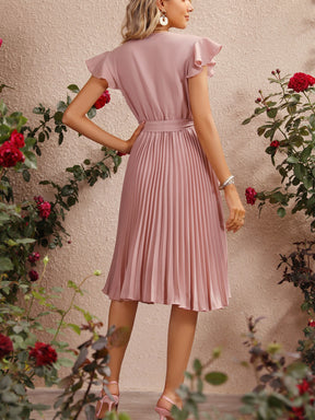 Vestido Midi Plissado Com Cinto E Decote V